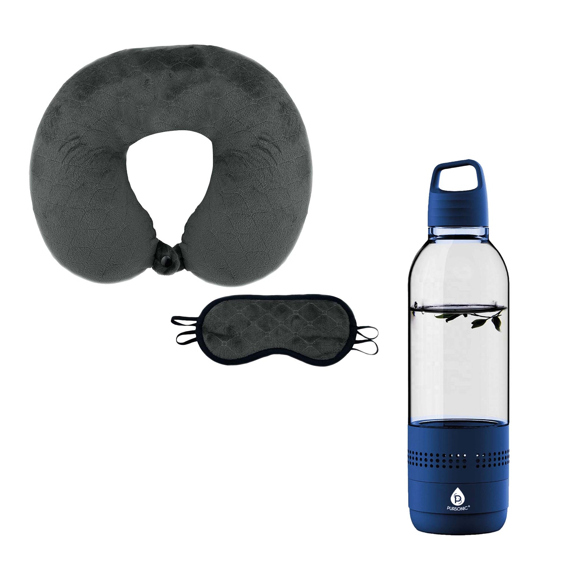 Pursonic Travel Comfort & Entertainment Bundle – 2 - in - 1 Water Bottle Speaker & Memory Foam Travel Pillow with Sleep Mask - Couch Potato