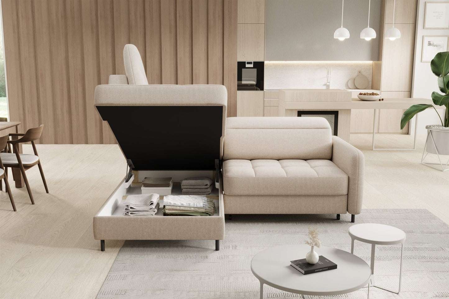 Barea 3 Seater Storage Sleeper Chaise Sofa - Beige - Couch Potato