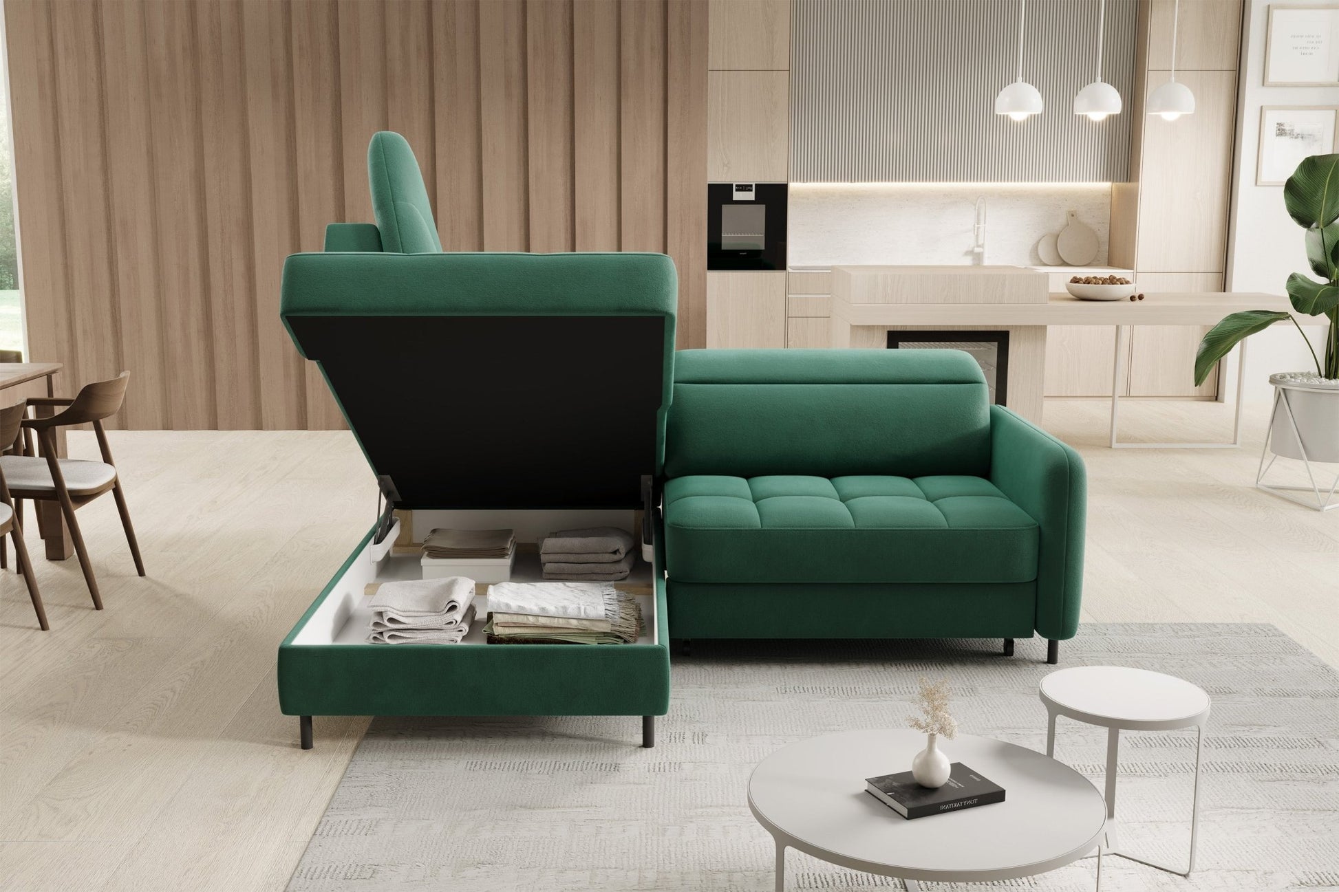 Barea 3 Seater Storage Sleeper Chaise Sofa - Emerald Green - Couch Potato