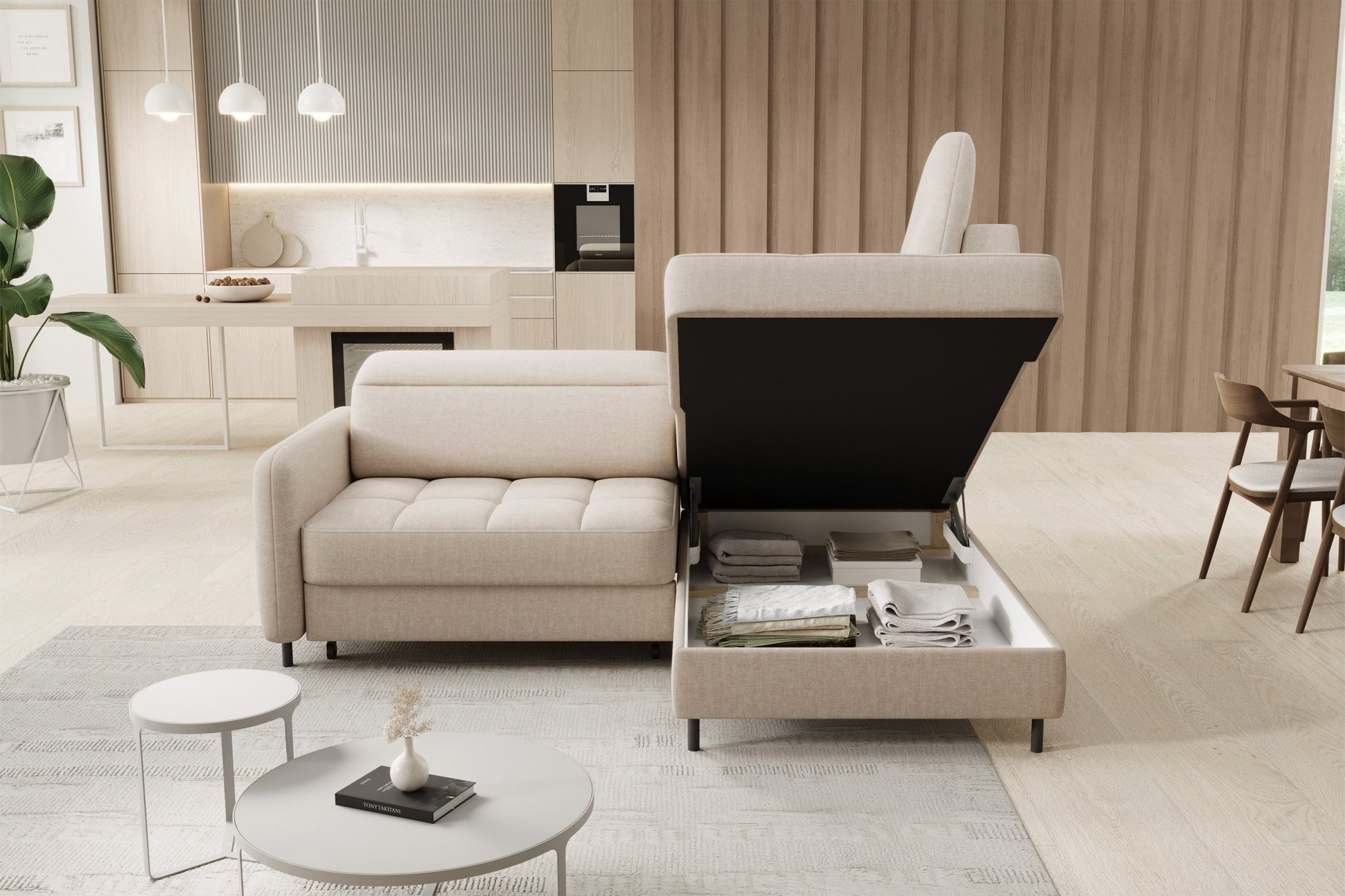 Barea 3 Seater Storage Sleeper Chaise Sofa - Beige - Couch Potato