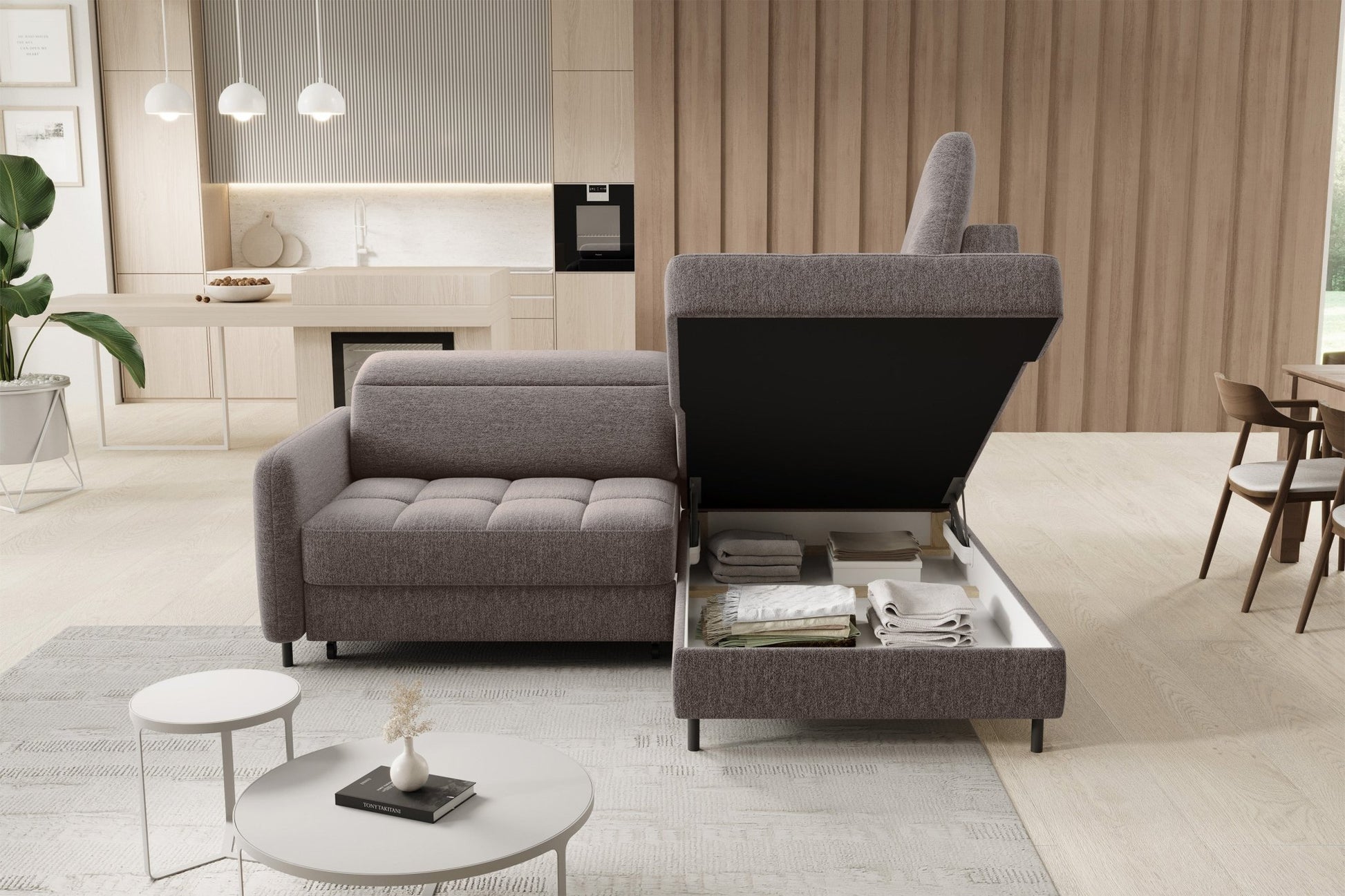 Barea 3 Seater Storage Sleeper Chaise Sofa - Fudge Brown - Couch Potato