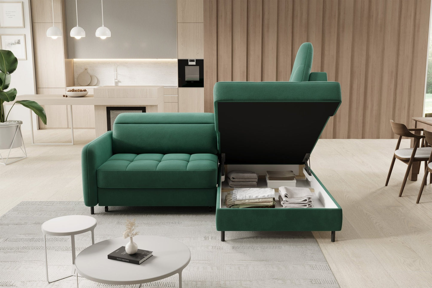 Barea 3 Seater Storage Sleeper Chaise Sofa - Emerald Green - Couch Potato