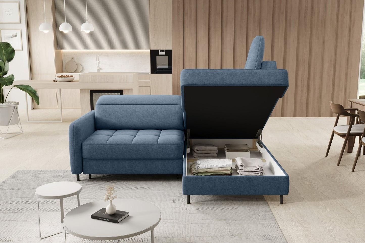 Barea 3 Seater Storage Sleeper Chaise Sofa - Soft Blue - Couch Potato
