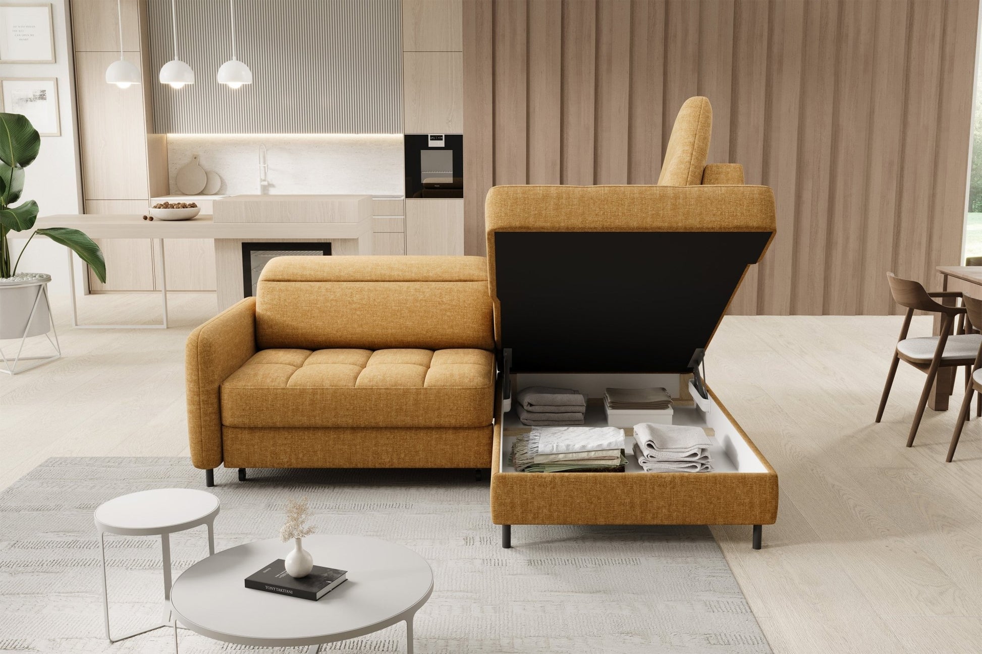 Barea 3 Seater Storage Sleeper Chaise Sofa - Mustard - Couch Potato