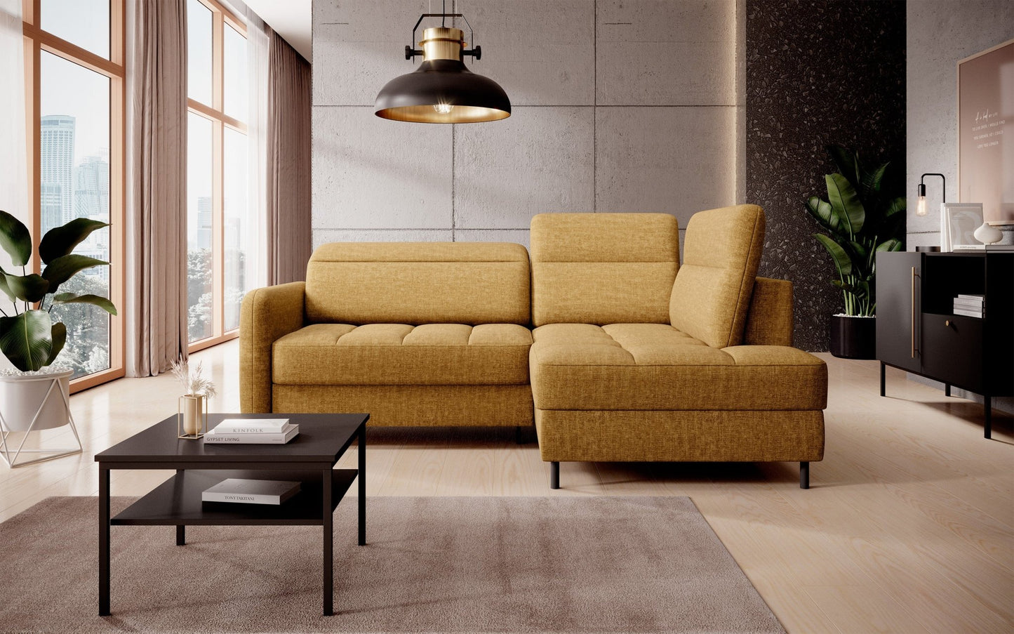 Barea 3 Seater Storage Sleeper Chaise Sofa - Mustard - Couch Potato