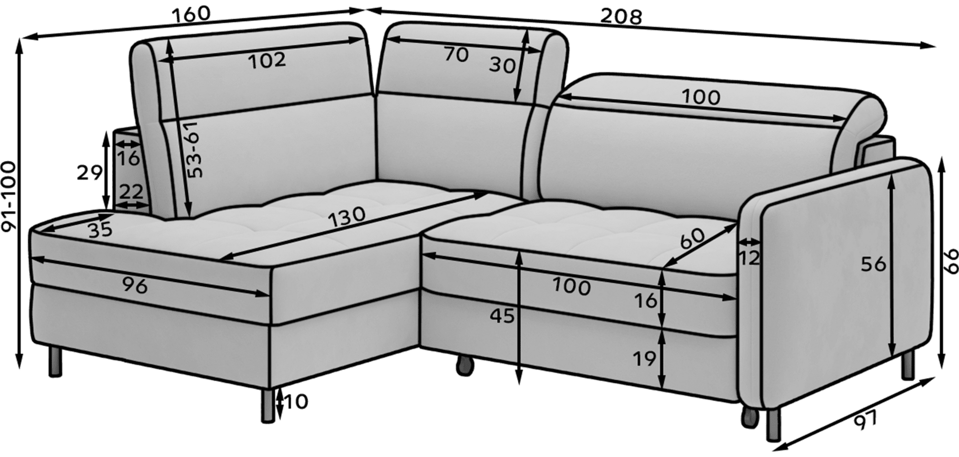Barea 3 Seater Storage Sleeper Chaise Sofa - Soft Blue - Couch Potato