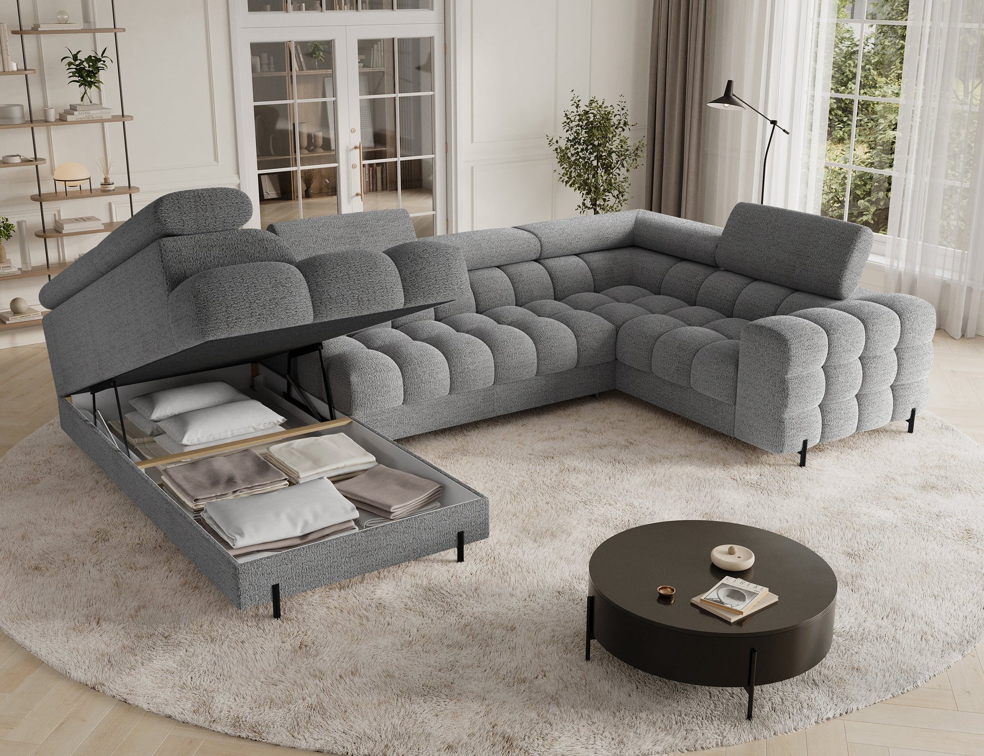 Fectory Sectional Storage Sleeper Chaise Sofa - Grey - Couch Potato