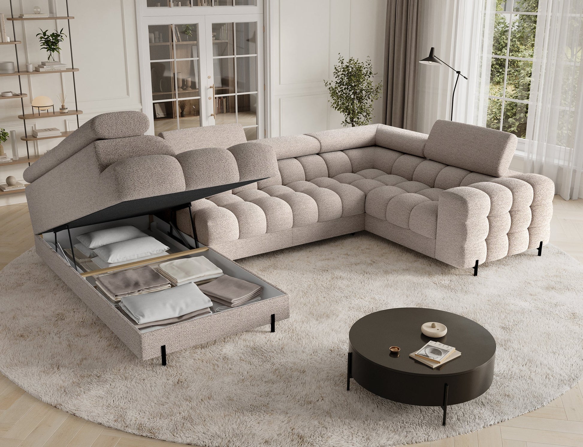Fectory Sectional Storage Sleeper Chaise Sofa - Beige - Couch Potato