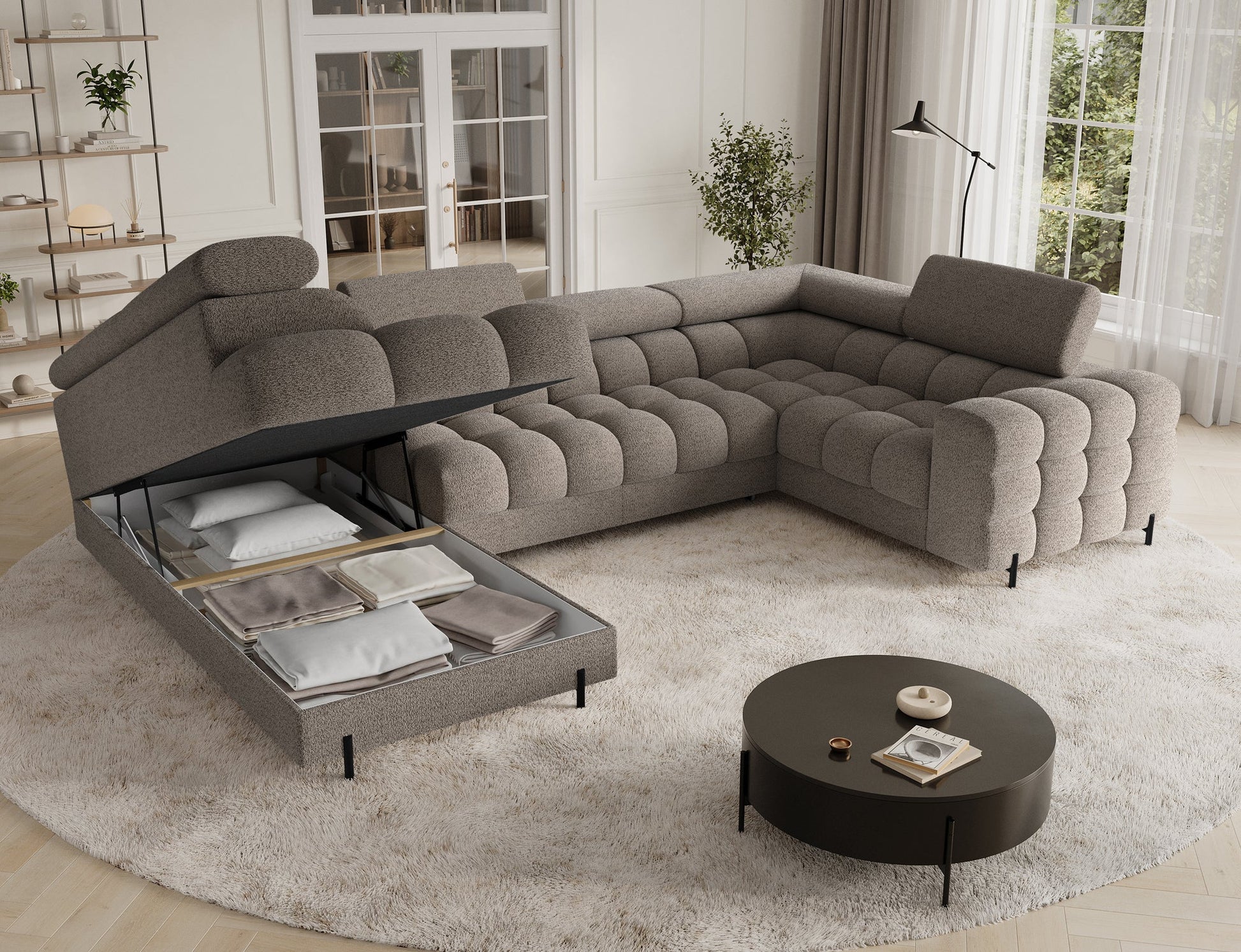 Fectory Sectional Storage Sleeper Chaise Sofa - Taupe - Couch Potato
