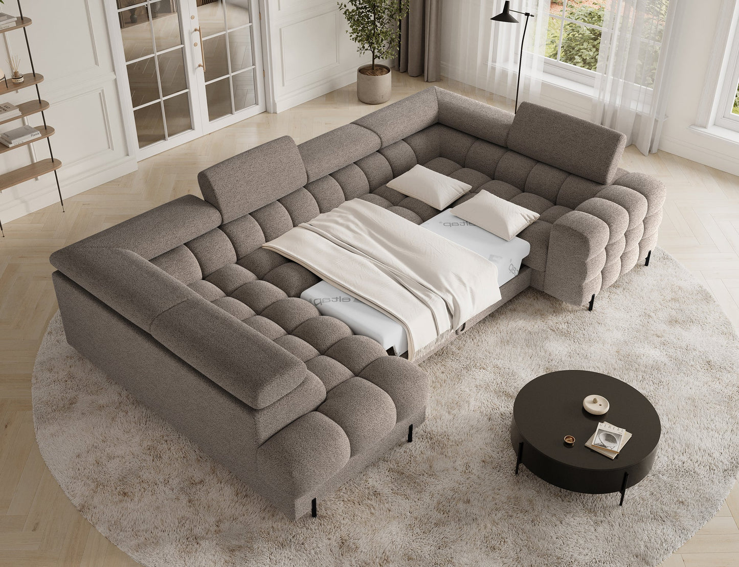 Fectory Sectional Storage Sleeper Chaise Sofa - Taupe - Couch Potato