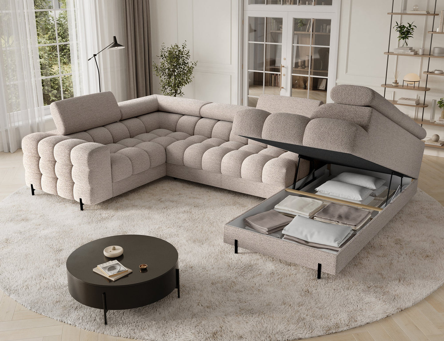 Fectory Sectional Storage Sleeper Chaise Sofa - Beige - Couch Potato