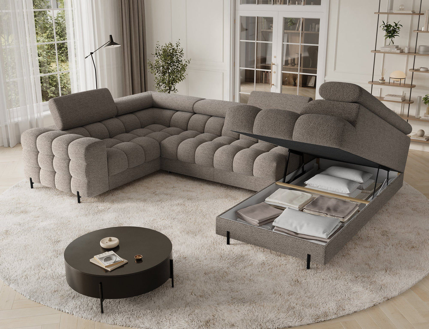 Fectory Sectional Storage Sleeper Chaise Sofa - Taupe - Couch Potato