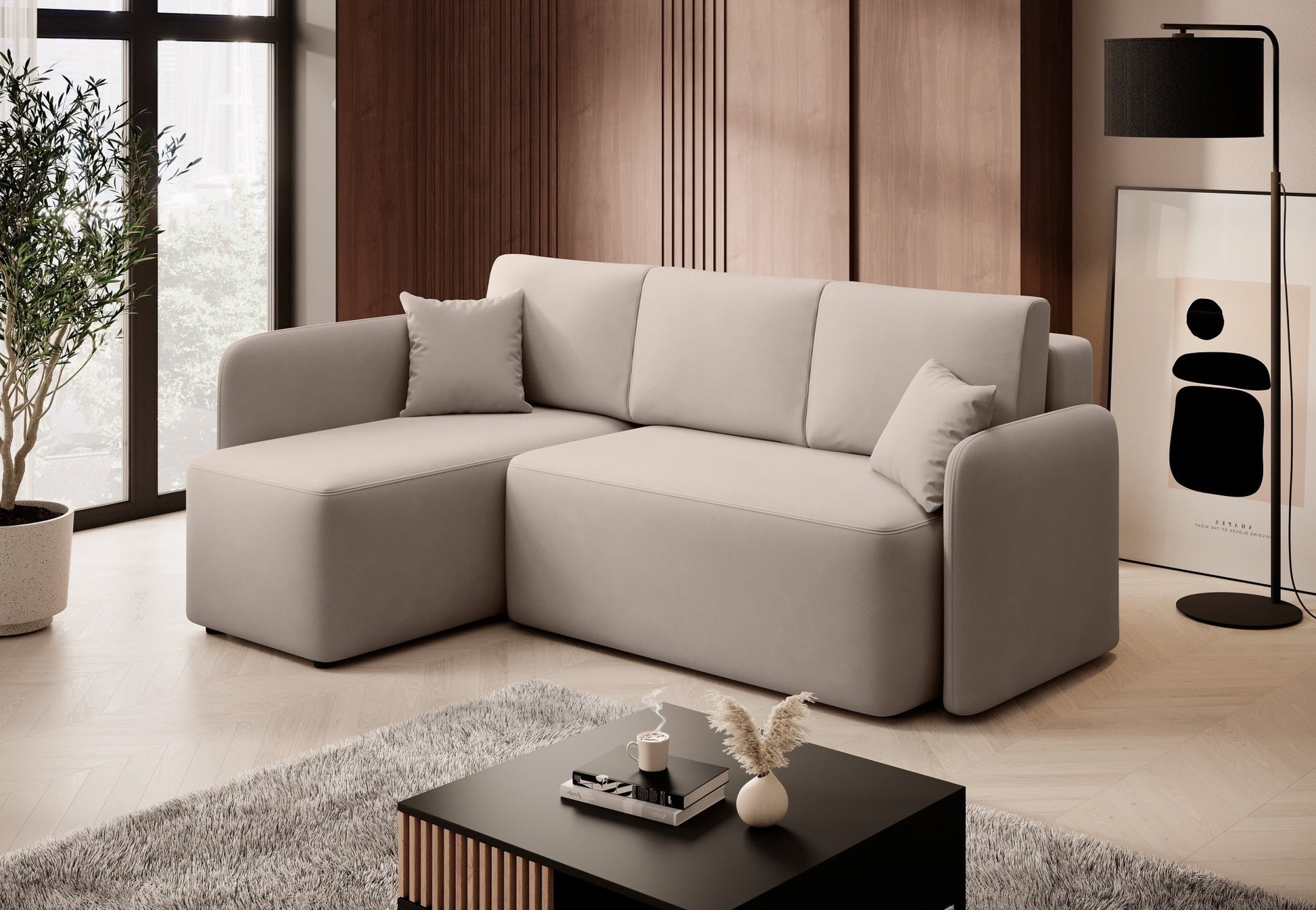 Hadson 3 Seater Storage Sleeper Chaise Sofa - Beige - Couch Potato