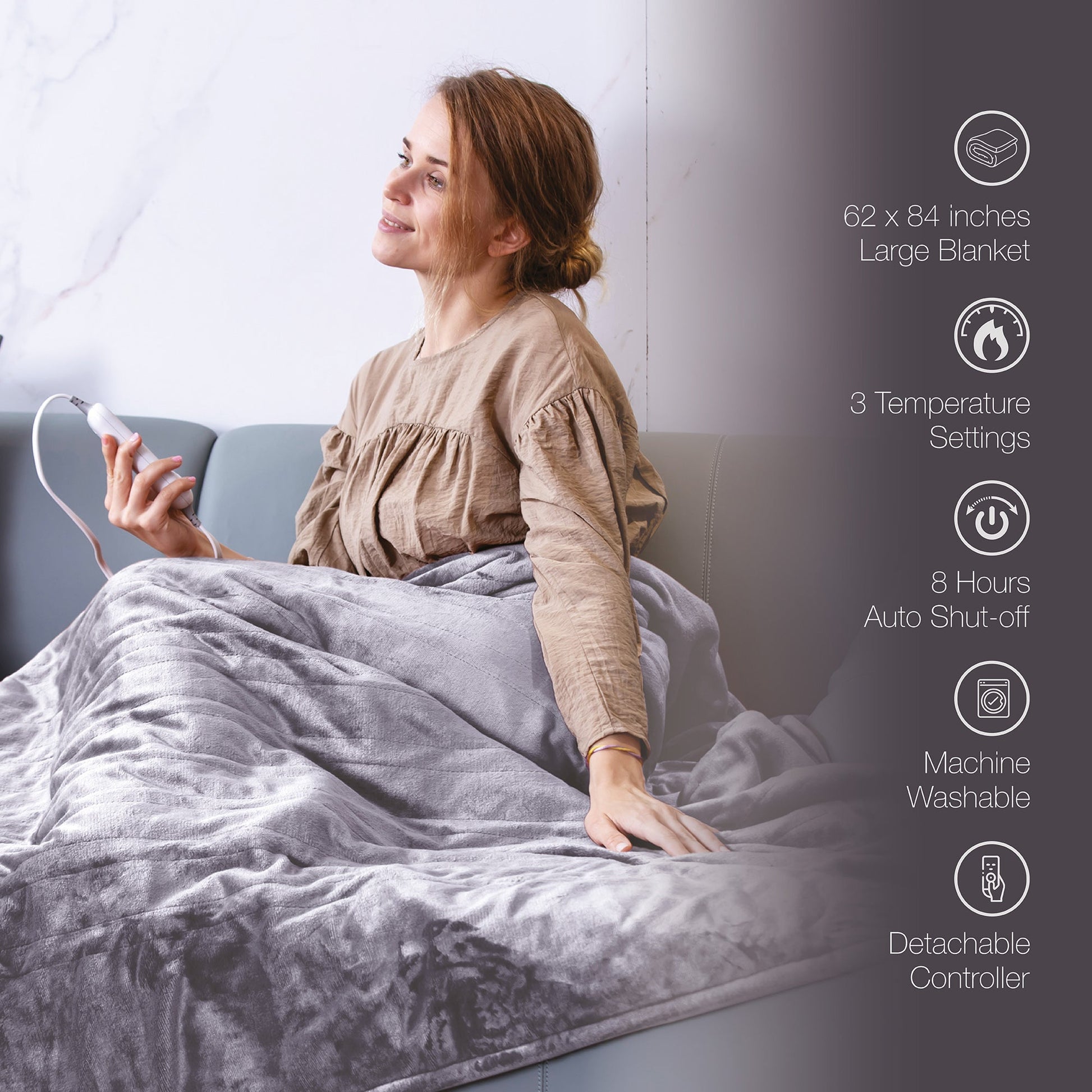 Electric Soft Microplush Heated Blanket Throw – 62x84 Inches, Fast Heating with 3 Temperature Settings - Couch Potato