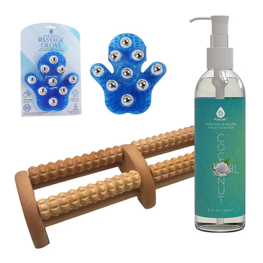 Pursonic Relaxation Gift Bundle: Palm Shaped Massage Glove, Wooden Foot Massager, and Fractionated Coconut Oil - Couch Potato