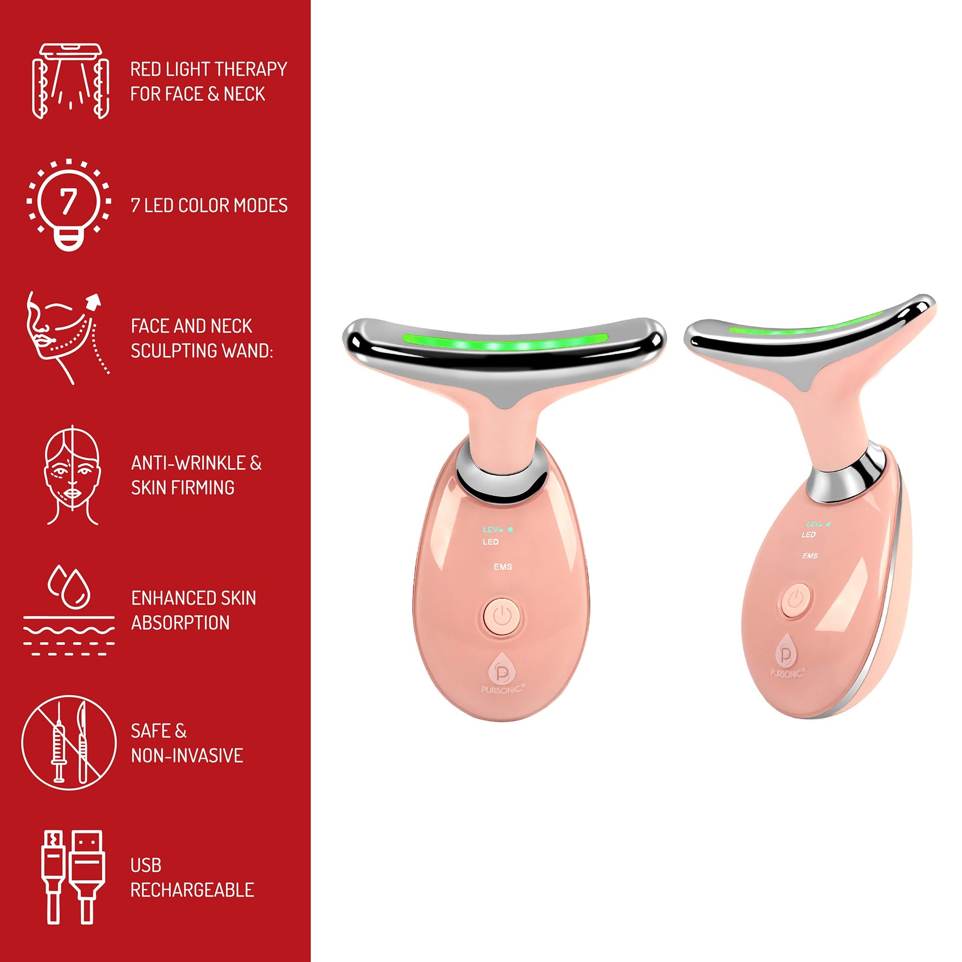 Pursonic 7 - in - 1 LED Light Therapy Beauty Device - Red Light Therapy Face & Neck Sculpting Wand - Couch Potato