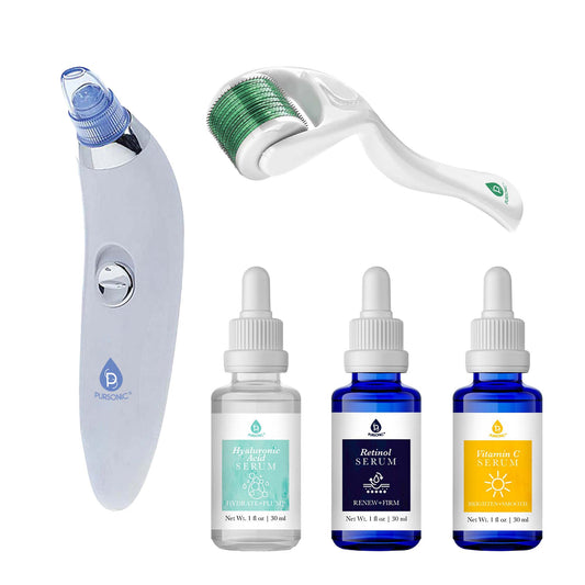 Pursonic Ultimate Rejuvenation Bundle: Micro Needle Derma Roller, Pore Vacuum Blackhead Remover & 3 - Pack Anti - Aging Serum Set - Couch Potato