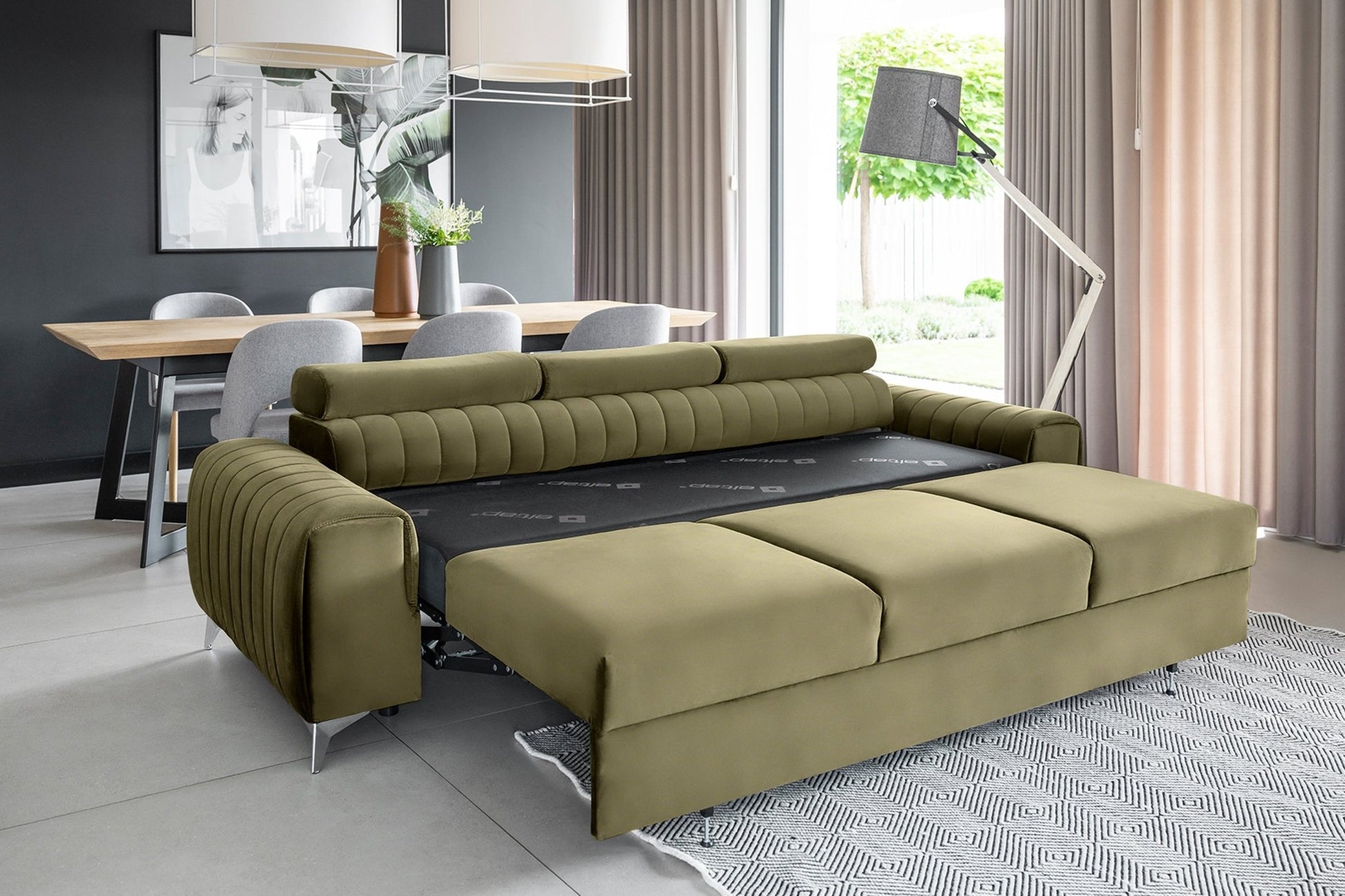 Laurence 3 Seater Velvet Sleeper Sofa - Olive Green - Couch Potato