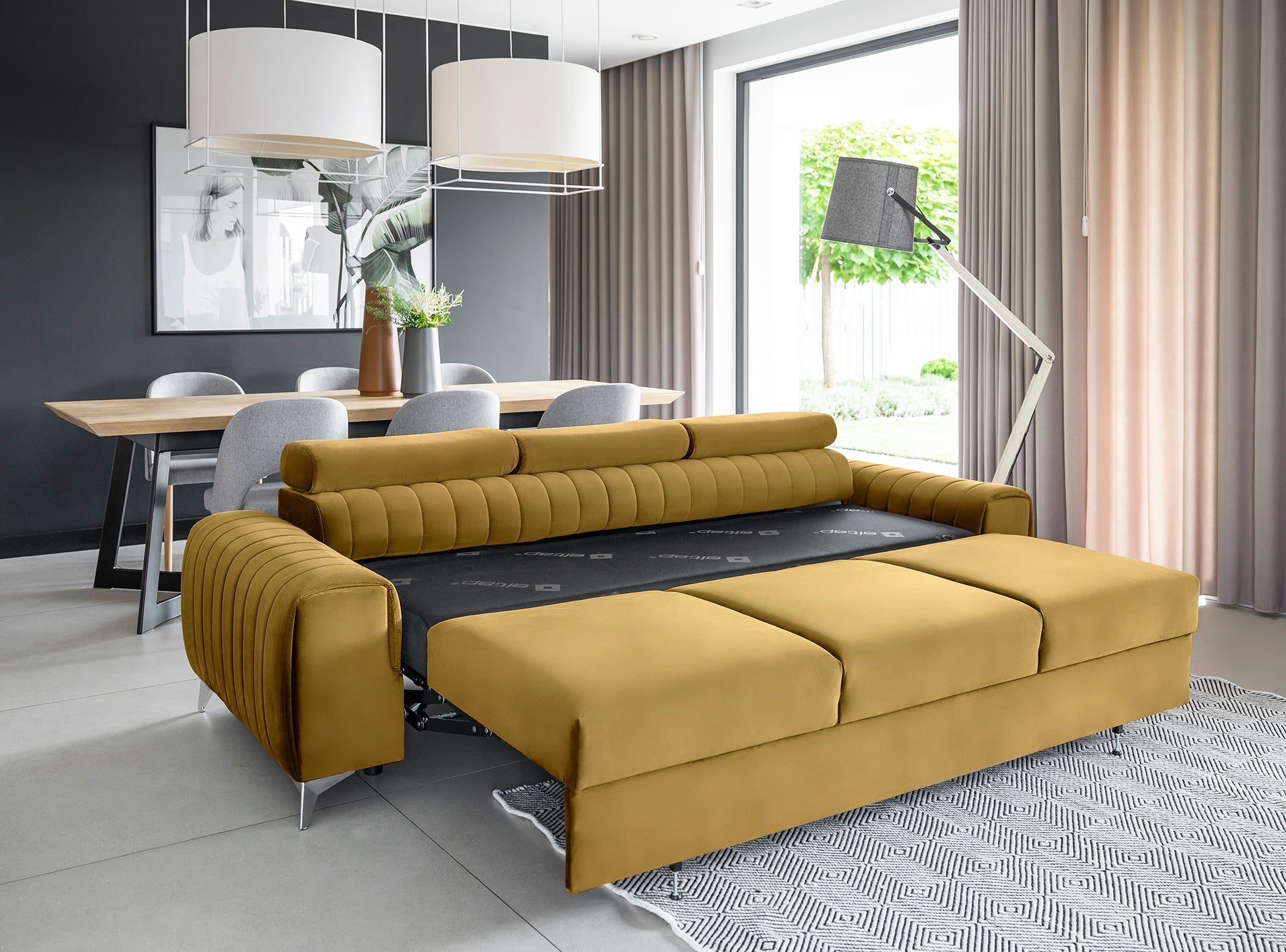 Laurence 3 Seater Velvet Sleeper Sofa - Mustard - Couch Potato