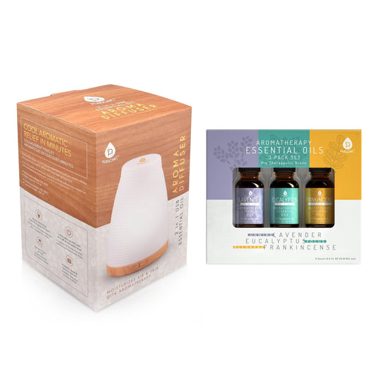 Pursonic Aromatherapy 2 in 1 USB Diffuser & Essential Oil Set - Ultrasonic Top 3 Oils - 300ml with 2 Mist Settings 7 Ambient Light Settings - Couch Potato