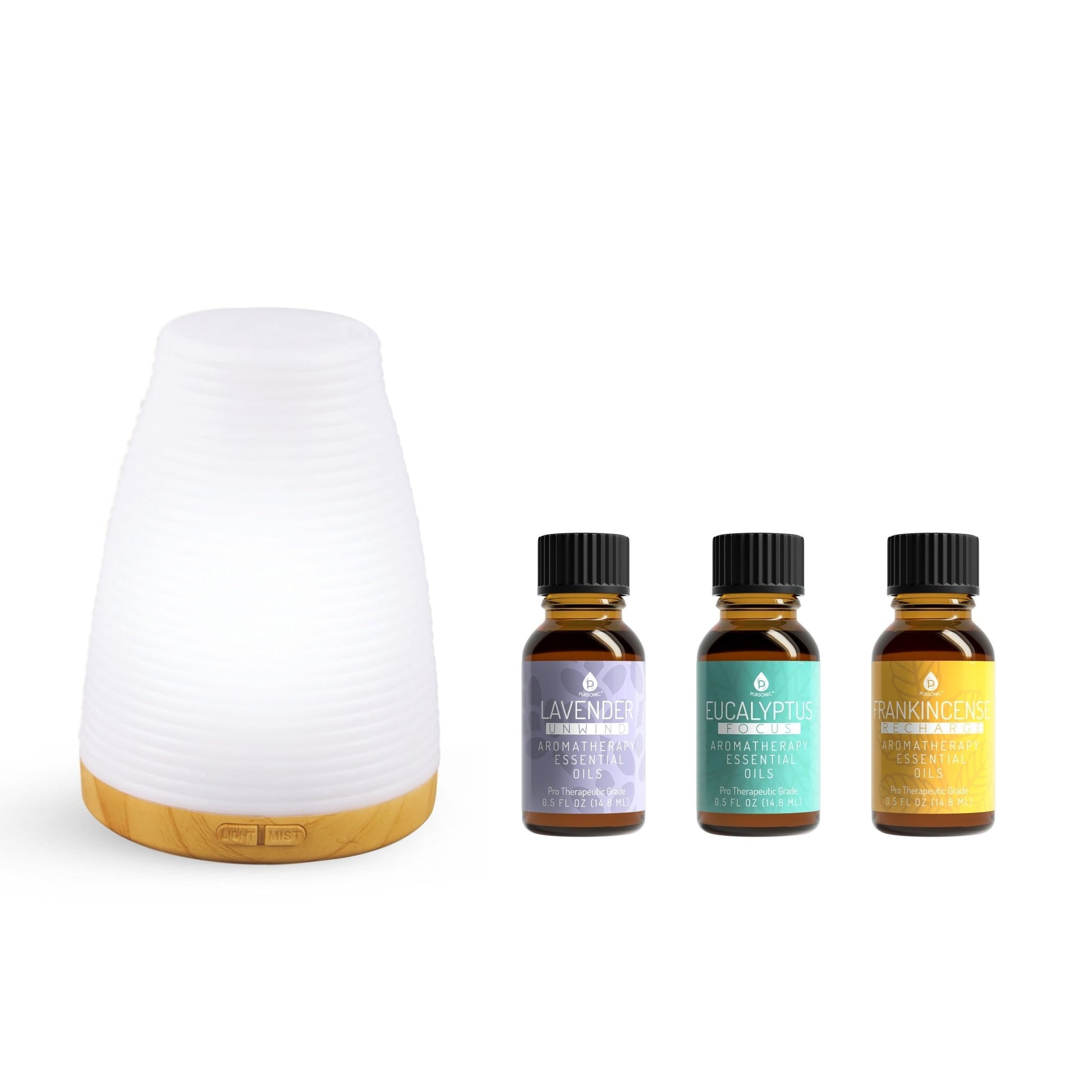 Pursonic Aromatherapy 2 in 1 USB Diffuser & Essential Oil Set - Ultrasonic Top 3 Oils - 300ml with 2 Mist Settings 7 Ambient Light Settings - Couch Potato