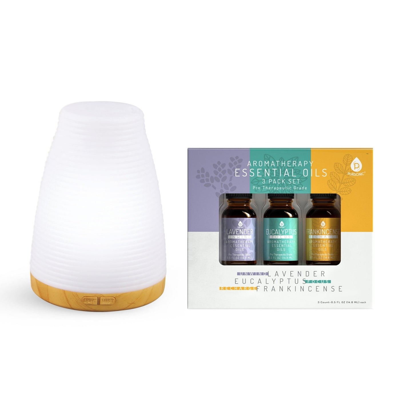 Pursonic Aromatherapy 2 in 1 USB Diffuser & Essential Oil Set - Ultrasonic Top 3 Oils - 300ml with 2 Mist Settings 7 Ambient Light Settings - Couch Potato