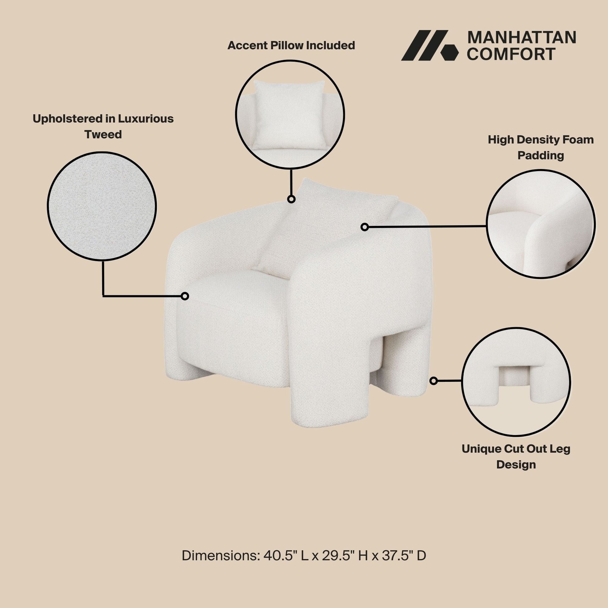 Chloe Pine Wood Tweed Accent Chair - Cream - Couch Potato