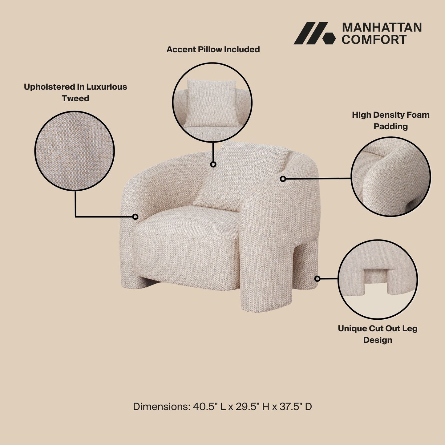 Chloe Pine Wood Tweed Accent Chair - Beige - Couch Potato